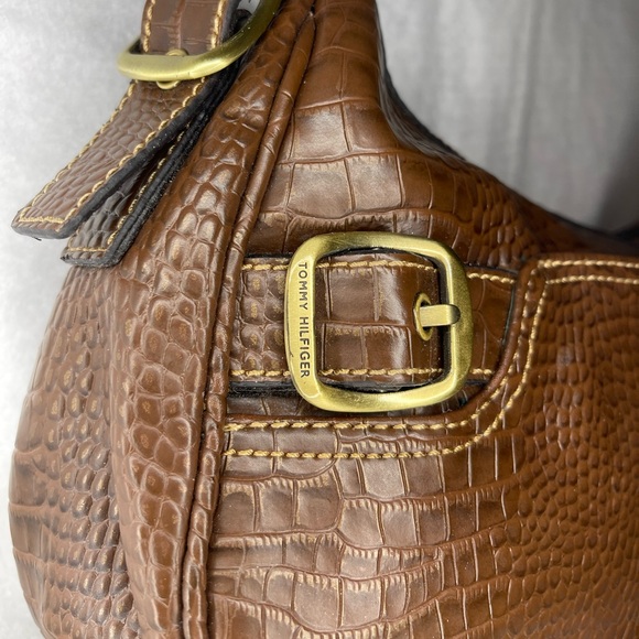 VINTAGE Tommy Hilfiger Shoulder Purse - Olive/Tan Crocodile Print Leather 🤎 - Picture 4 of 9